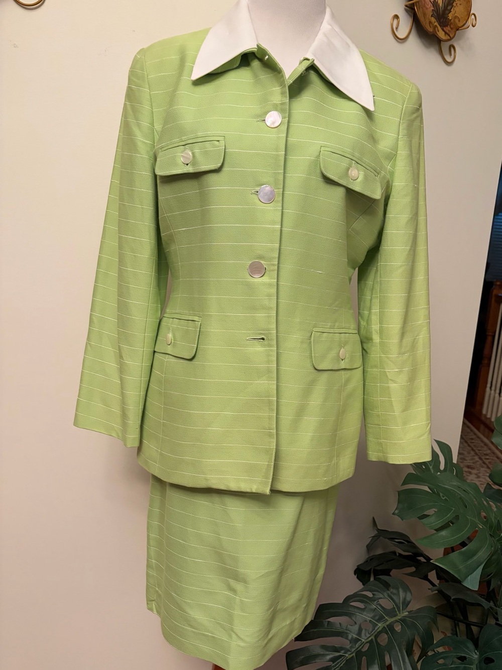 Christian Dior Women's Lime Green Two-Piece Suit with White Collar